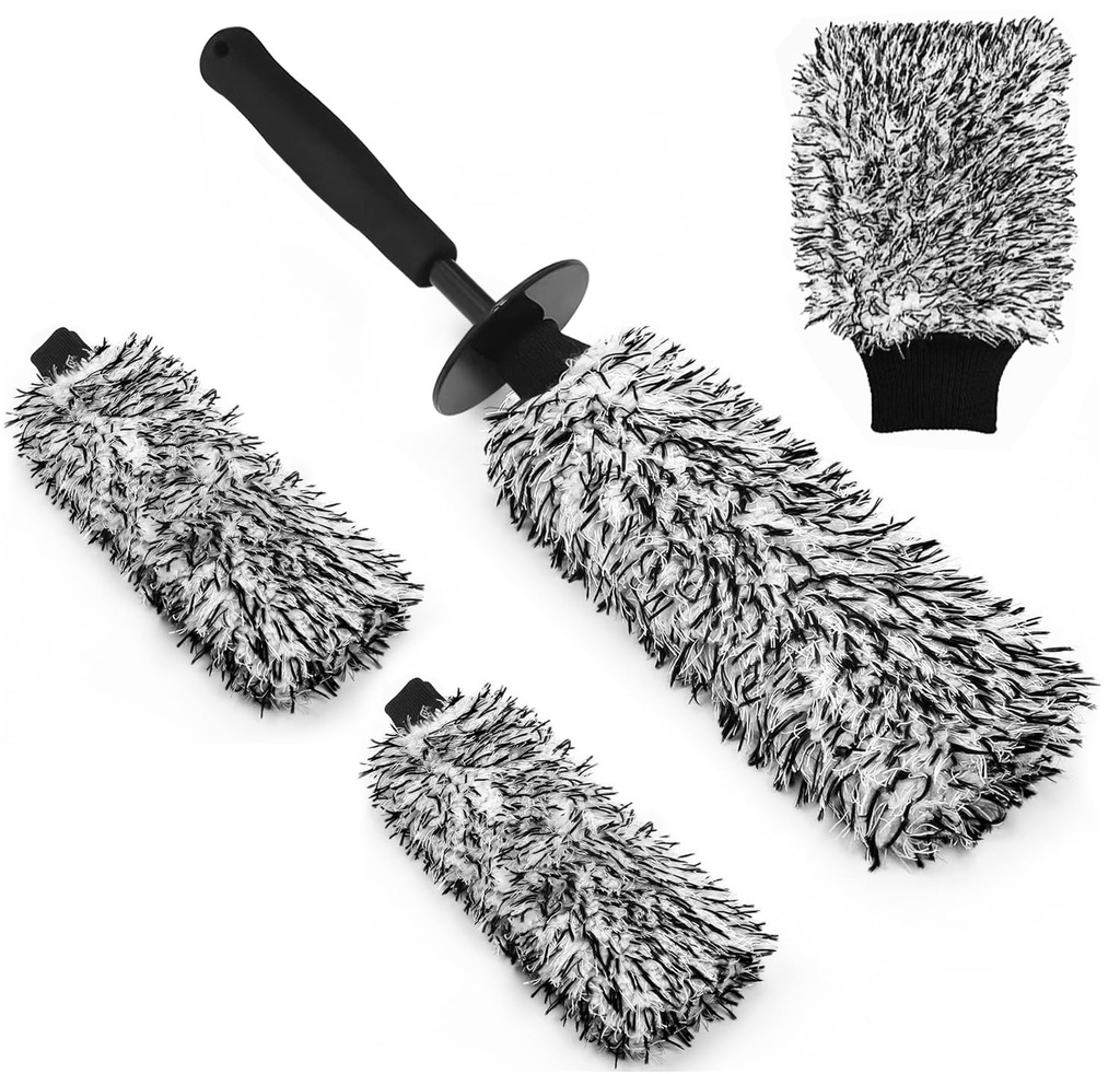 YeewayVeh Car Wheel Brush Kit, Microfiber Rim Brush with 2 Replaceable Wheel Cleaner Brush
