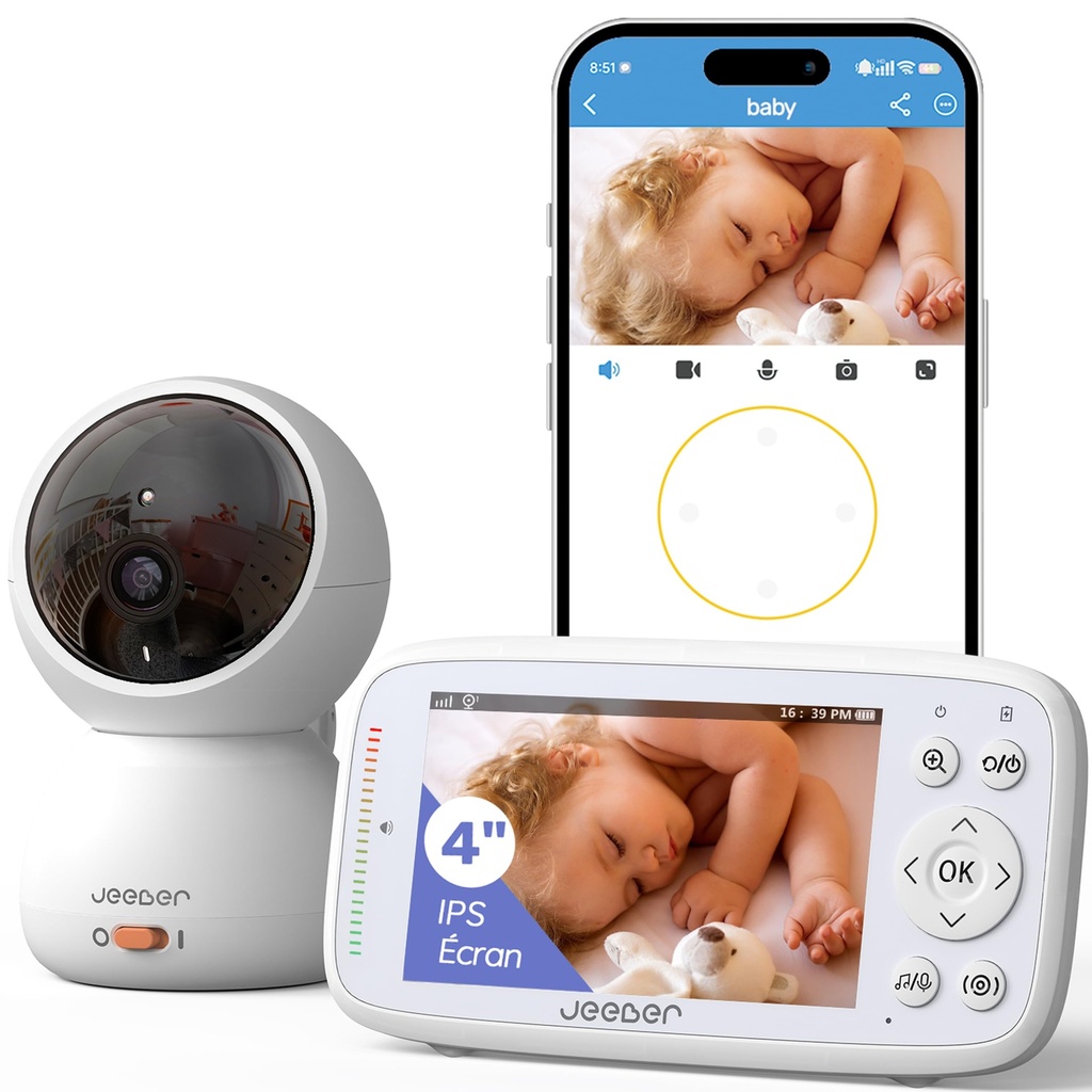 jeeber 1080P Wifi Video Baby Monitor with App, 4'' IPS Screen, HD Night Vision, Motion