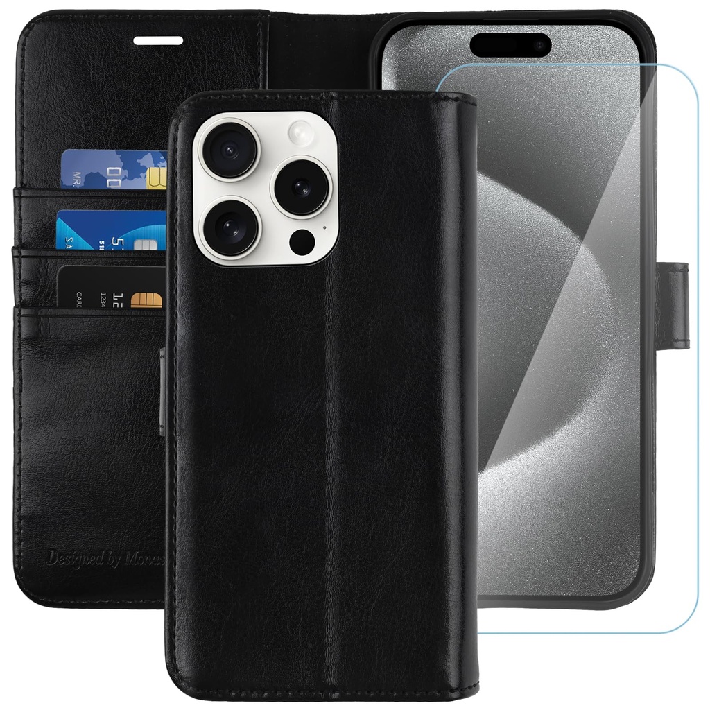 MONASAY for iPhone 15 Pro Max 5G Wallet Case,6.7-inch, [Glass Screen Protector Included] [R