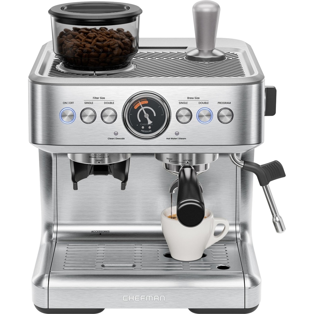 Chefman Crema Supreme 15 Bar Espresso Machine with Milk Frother, Barista Steam Wand
