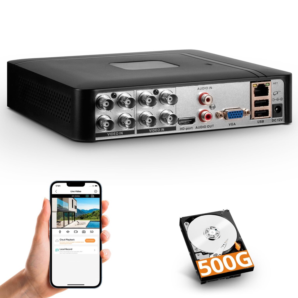 Surveillance DVR 8 Channel H.265+ Security Video Recorder with 500G HDD,Hybrid 6-in-1 CCTV