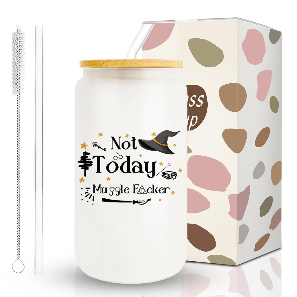 Glass Cups with Lids and Straws, Unique 16 oz Iced Coffee Cup, Ideas Bubble Tea Cup for Mag