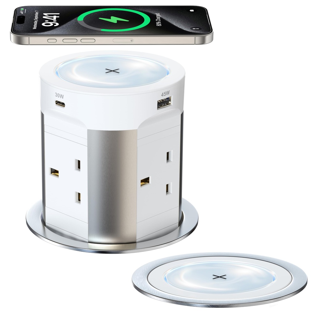 Sewingvr 9-in-1 Pop Up Power Socket, 4 Outlet Recessed Power Socket with 15W Wireless Charg