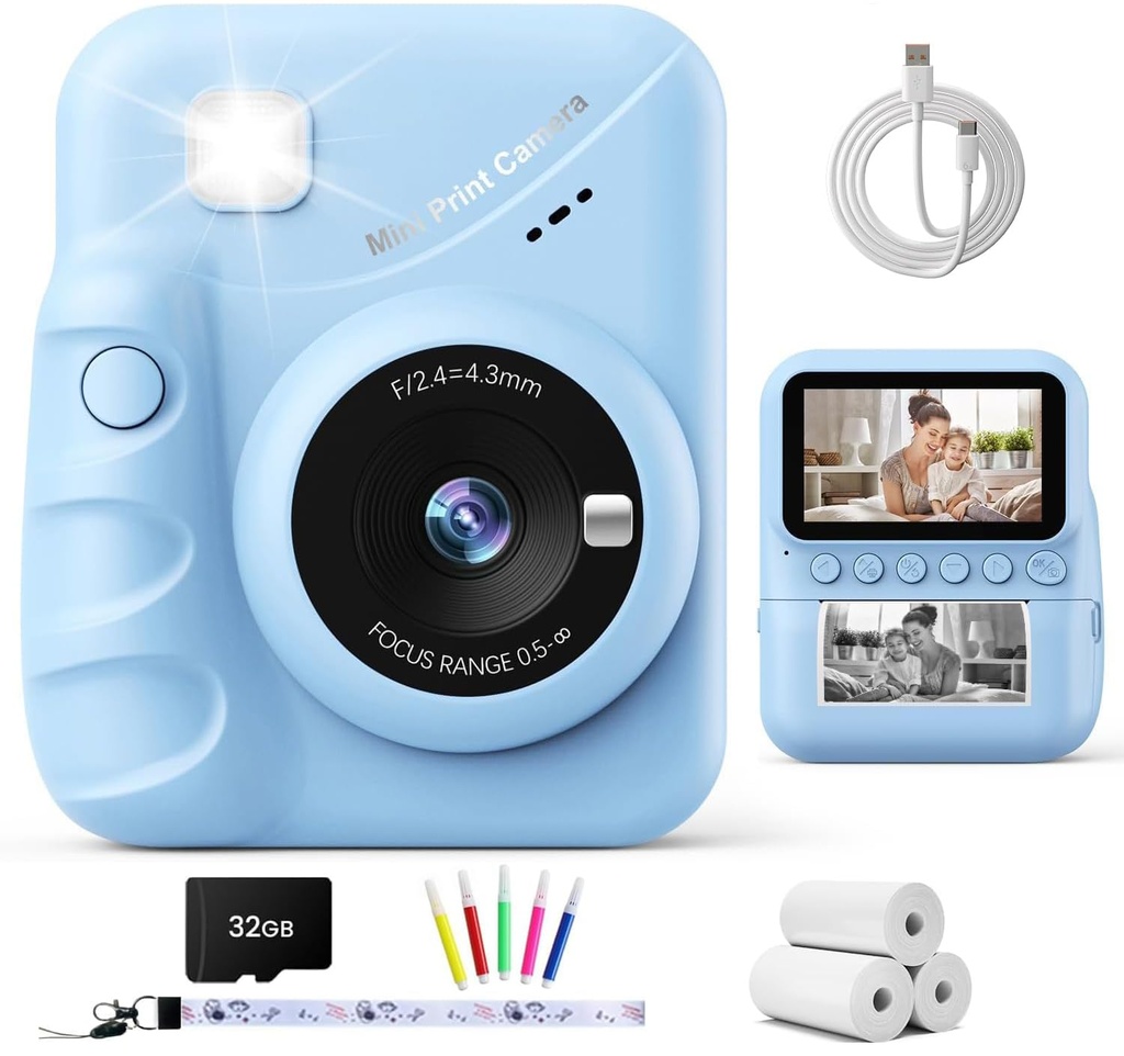 TIATUA Kids Camera Instant Print, 3.0" HD Screen 48MP Instant Camera for Kids with 32G Card