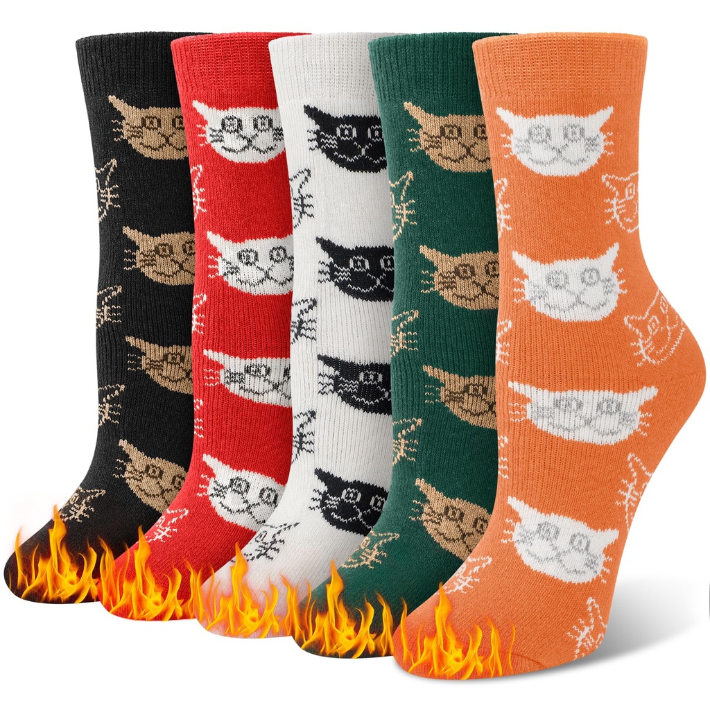 5 Pairs Womens Thermal Socks, Cute Cat Winter Wool Socks, Ladies Breathable Soft Lovely Thi