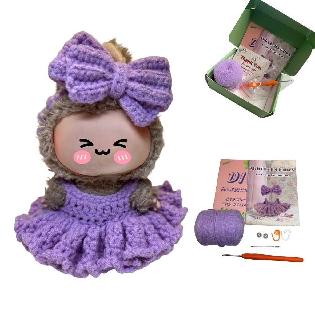 Doll Crochet Clothes Kit, Complete DIY Craft Kit, Crochet Amigurumi Outfit with Yarn & Tools