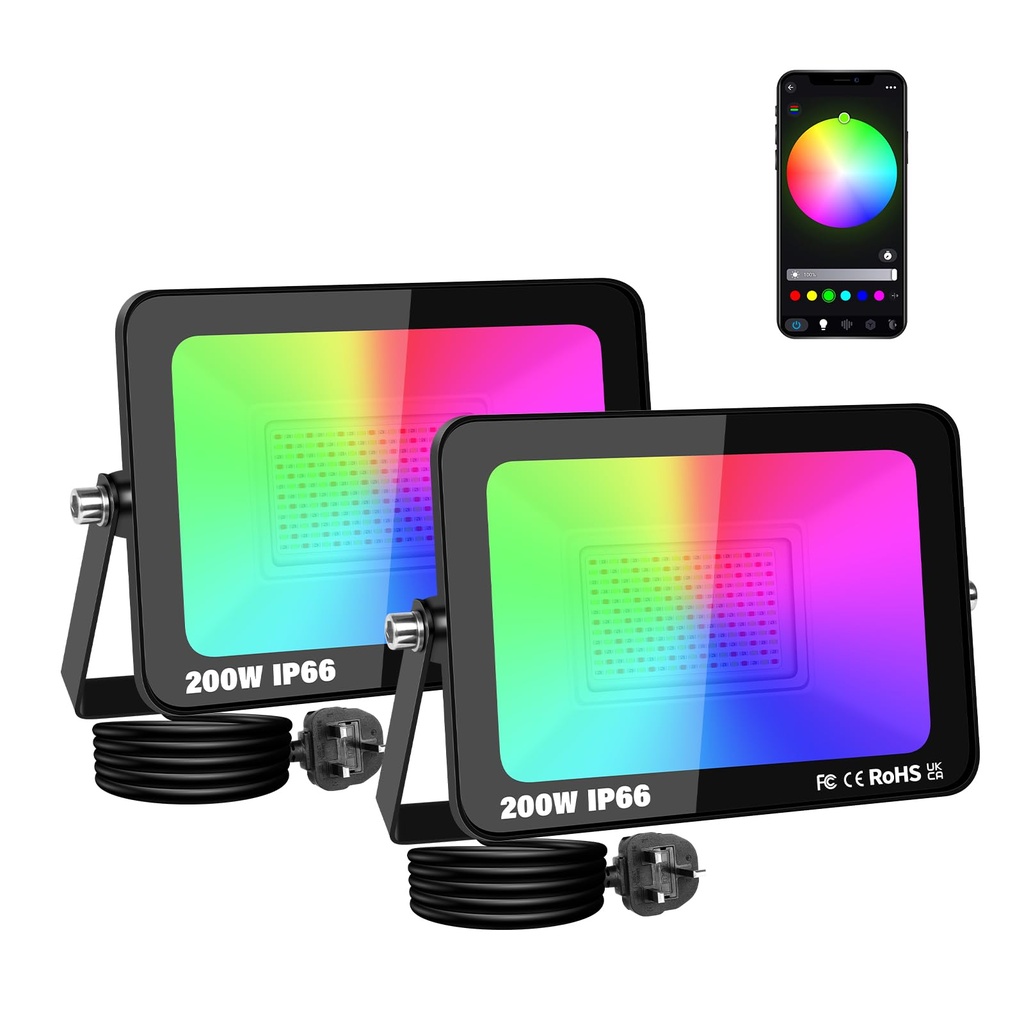 Willpower 2X 200W Smart RGB LED Floodlight Outdoor, 20000lm Color Changing Uplight Remote A