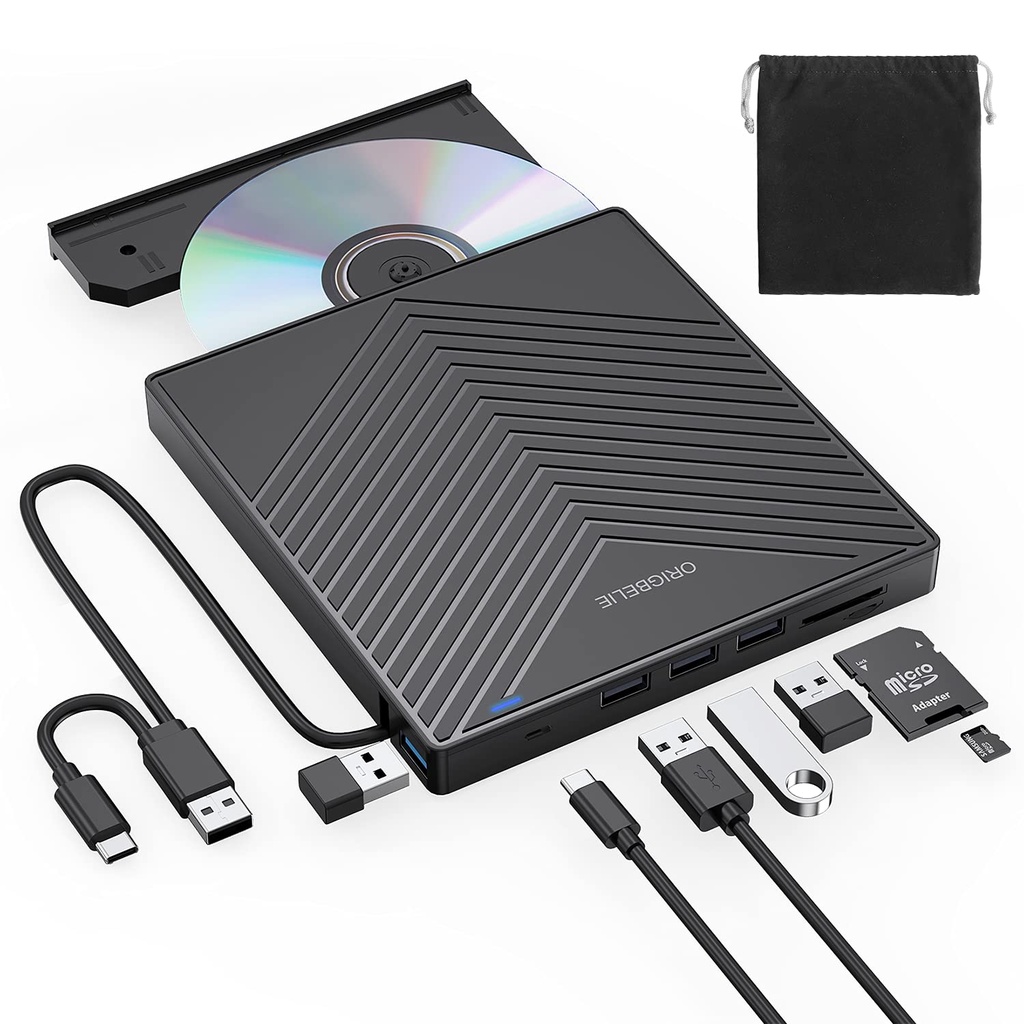 ORIGBELIE External CD DVD Drive, Ultra Slim CD Burner USB 3.0 with 4 USB Ports and 2 TF/SD