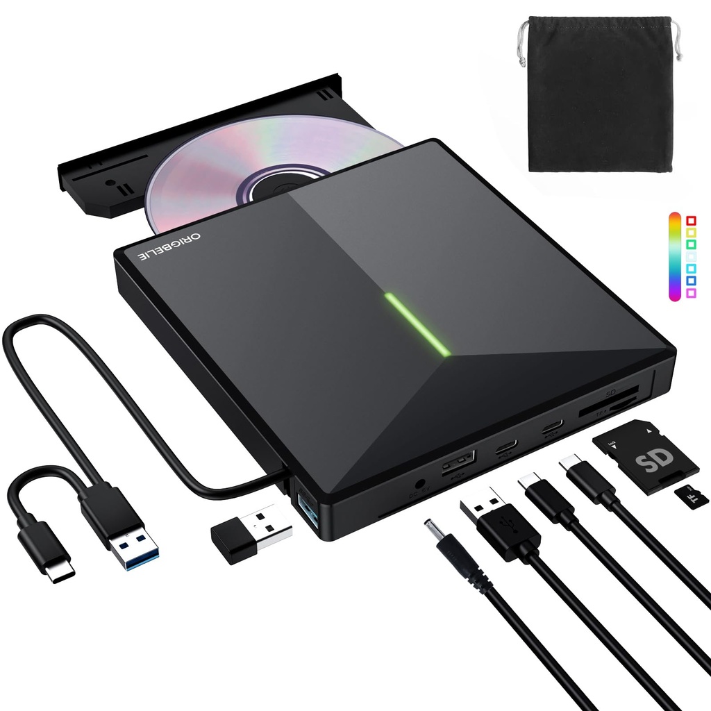 ORIGBELIE External CD DVD Drive with 4 USB Ports and 2 TF/SD Card Slots, USB 3.0 Portable C