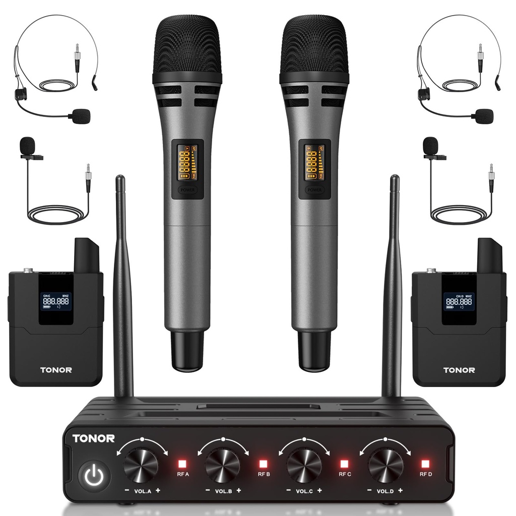 TONOR Wireless Microphone System, 4 * 5-Channel UHF Cordless Handheld Mic Set with Headset/