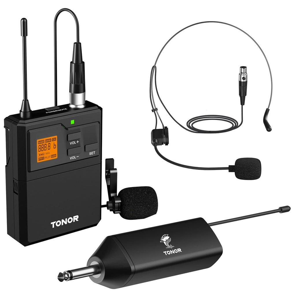 TONOR TW621 Wireless Headset Microphone& Lavalier Mic with Bodypack Transmitter, 1/4" Jack