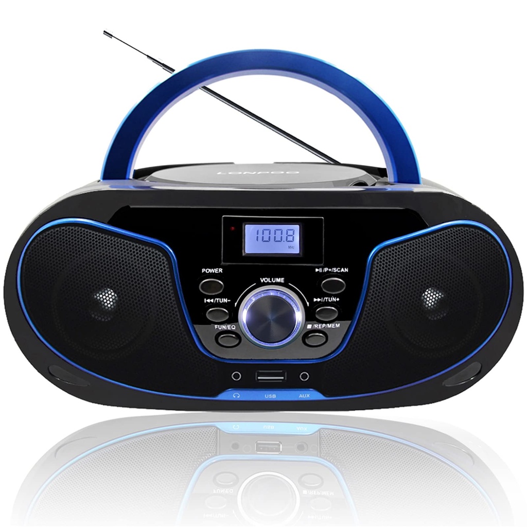 LONPOO Portable Boombox CD Player Stereo Sound with FM Radio, USB, Bluetooth, AUX-IN, Headp