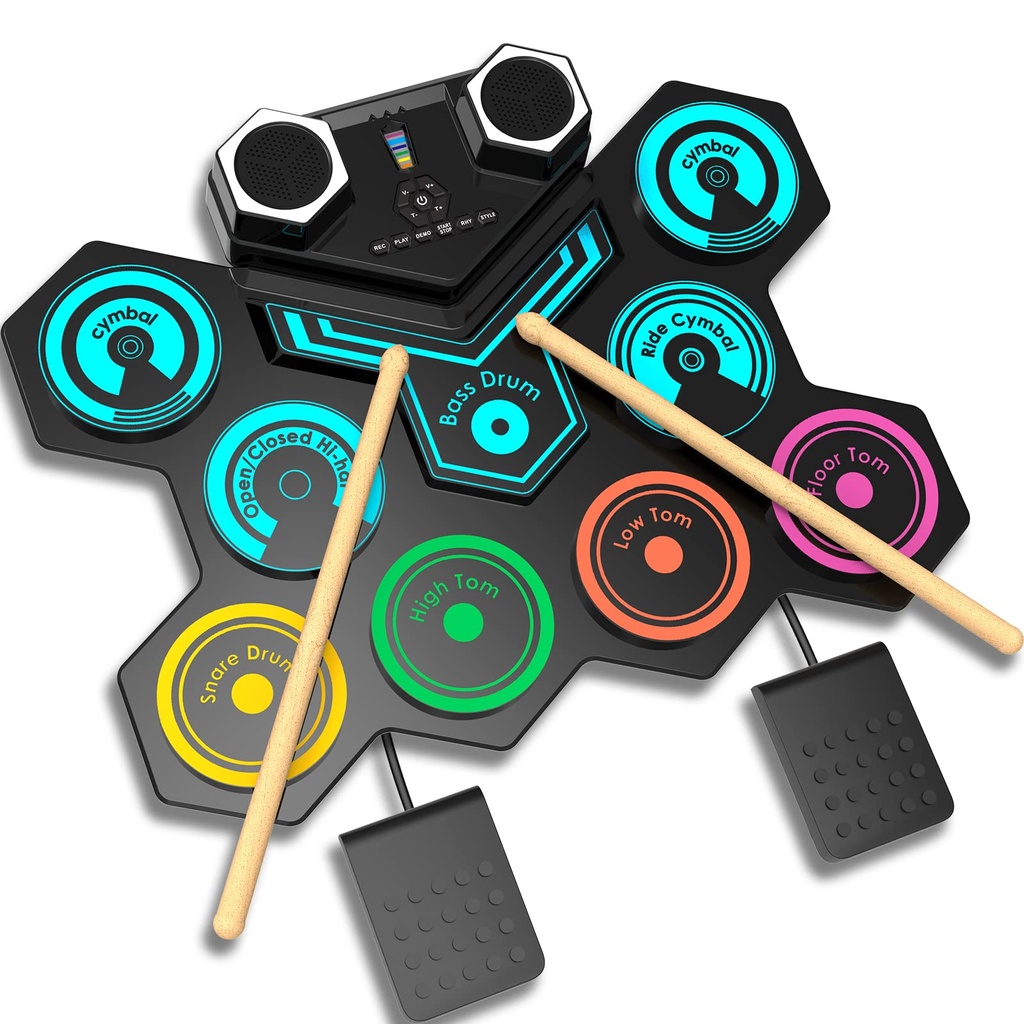 Portable Electric Drum Kit, CNAPXAIA Foldable Kids Drum Pad with Build-in Stereo Speakers,