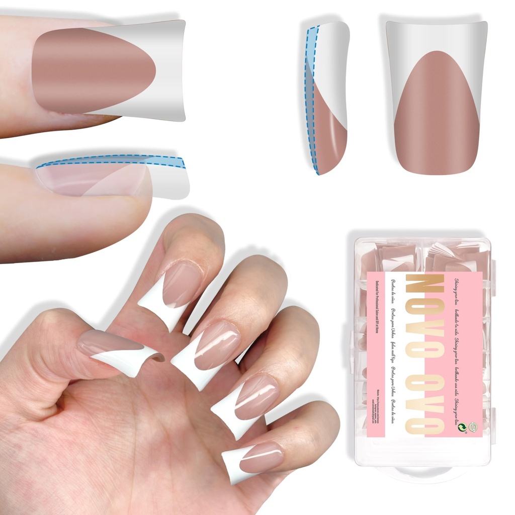NOVO OVO Short Duck Nail Tips French Tip Press On BROWN PINK, Pre-designed Soft Gel Nail Ex