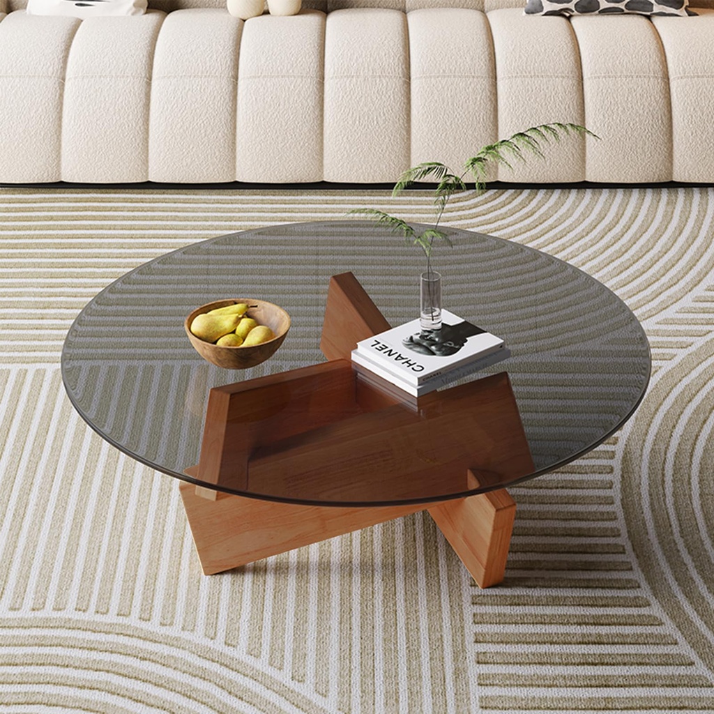 Mid Century Glass Coffee Table, Round Center Table with Solid Triangular Wooden Base