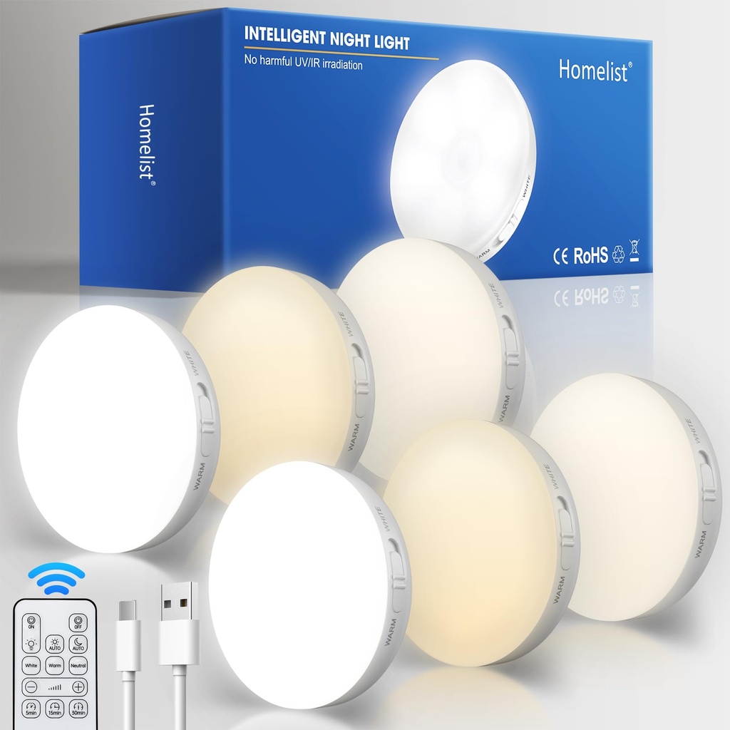 Homelist Motion Sensor Lights Indoor with Remote Control, 6 Pack Wireless Rechargeable Night