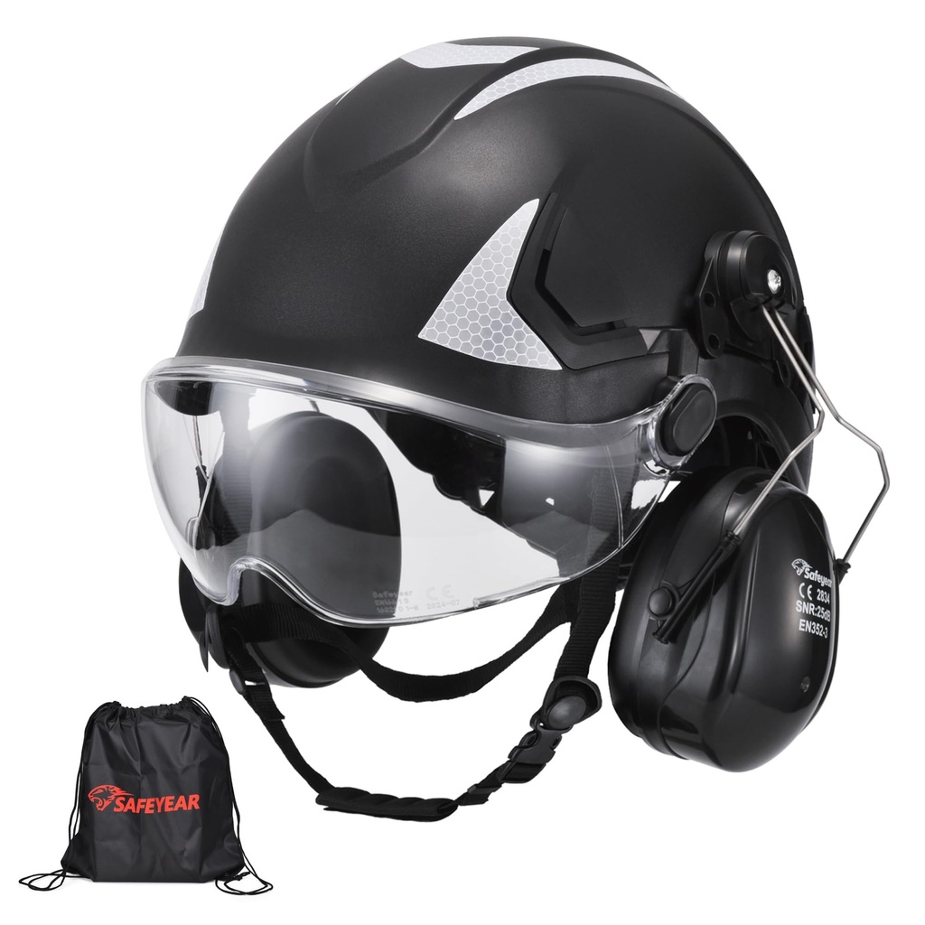 SAFEYEAR Safety Hard Hat with Anti-scratch Glasses, Earmuffs, CE EN397 Safety Helmets