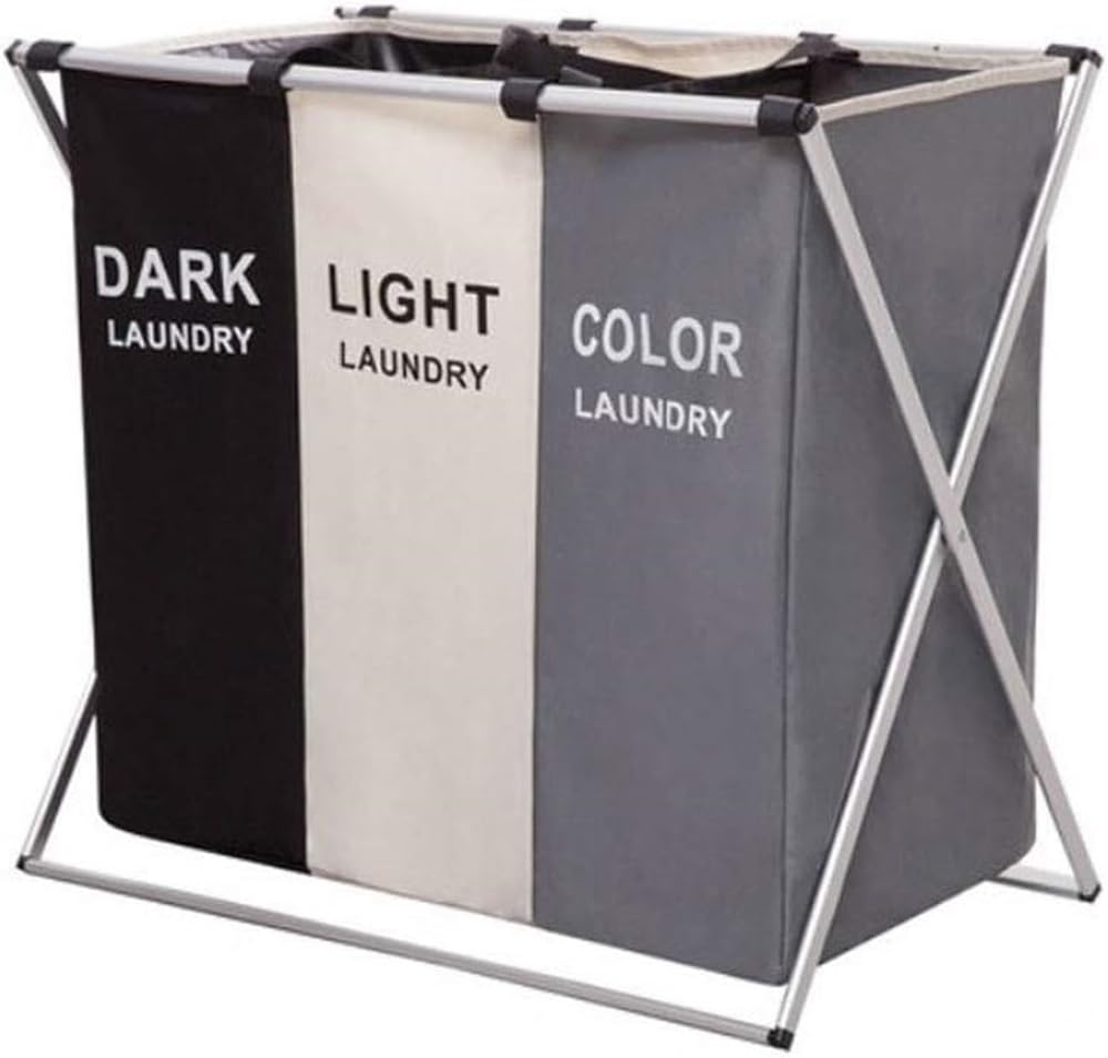 Large Foldable Laundry Basket with 3 Compartments, Stainless Steel Holder, Laundry Basket