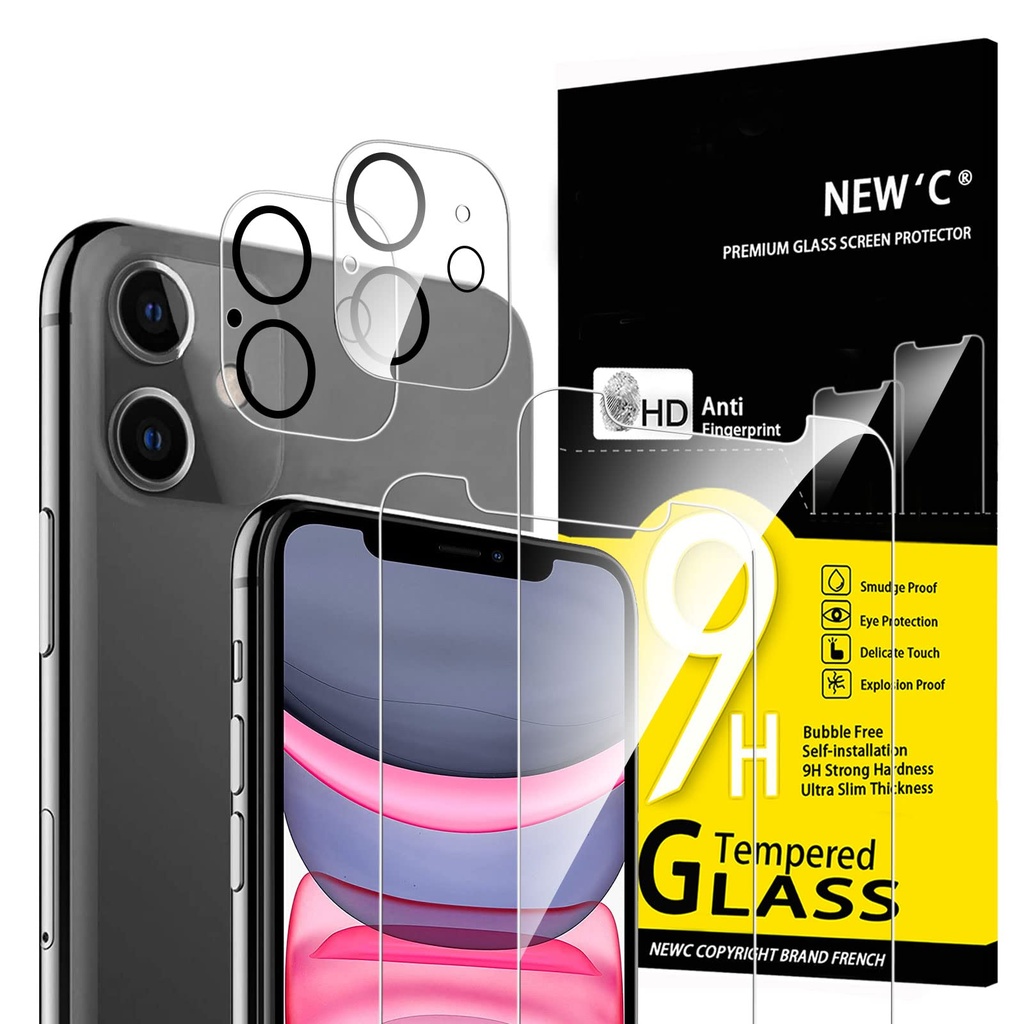 NEW'C 4 Pack, 2 Pack for iPhone 11 Screen Protector + 2 Pack Camera Lens Protector, Sensor
