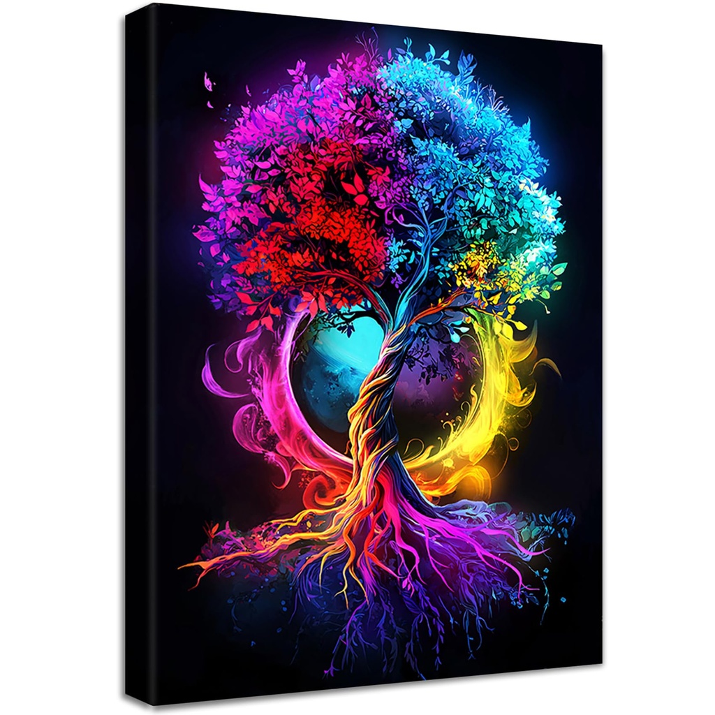 Wooden Framed Canvas Wall Art Red Blue and Yellow Tree of Life Painting on Canvas Prints Po
