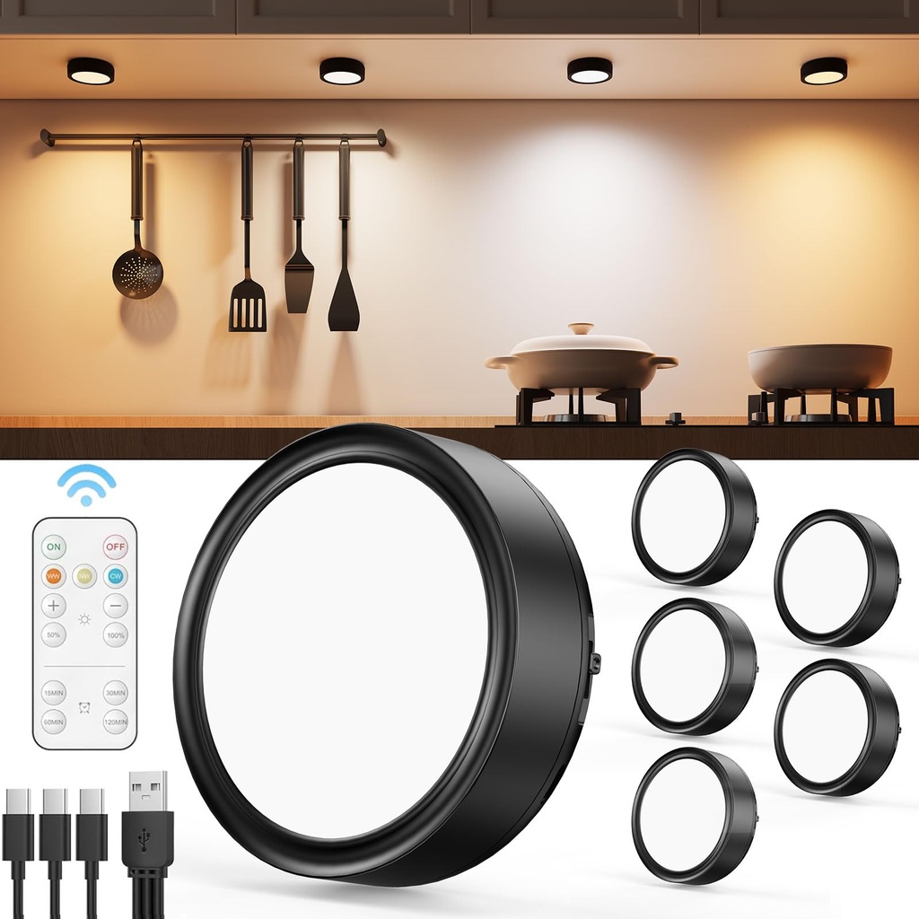 Rechargeable Puck Lights with Remote Control, 2400mAh Battery Operated LED Spot Lights Stic