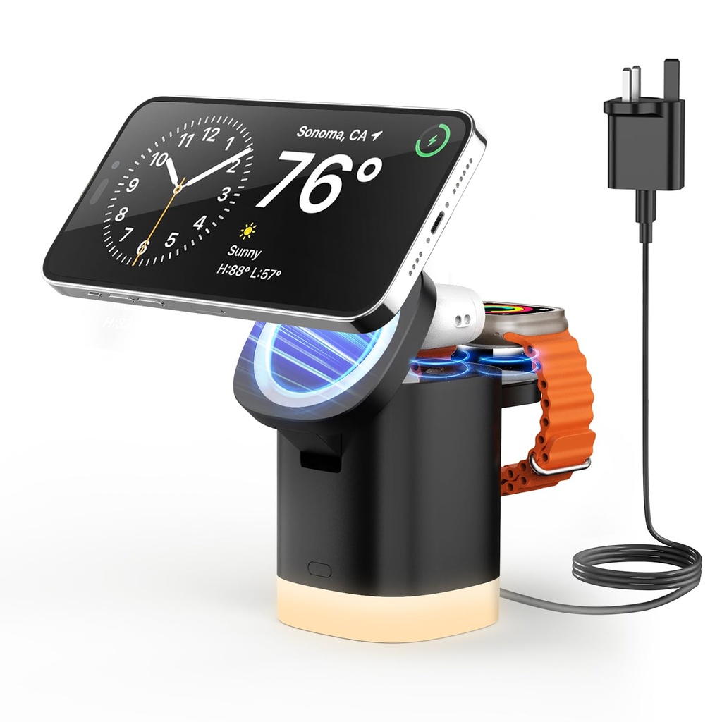 JoyGeek 3-in-1 Charger Stand for Magsafe, Foldable Wireless Charging Station with Night Lig