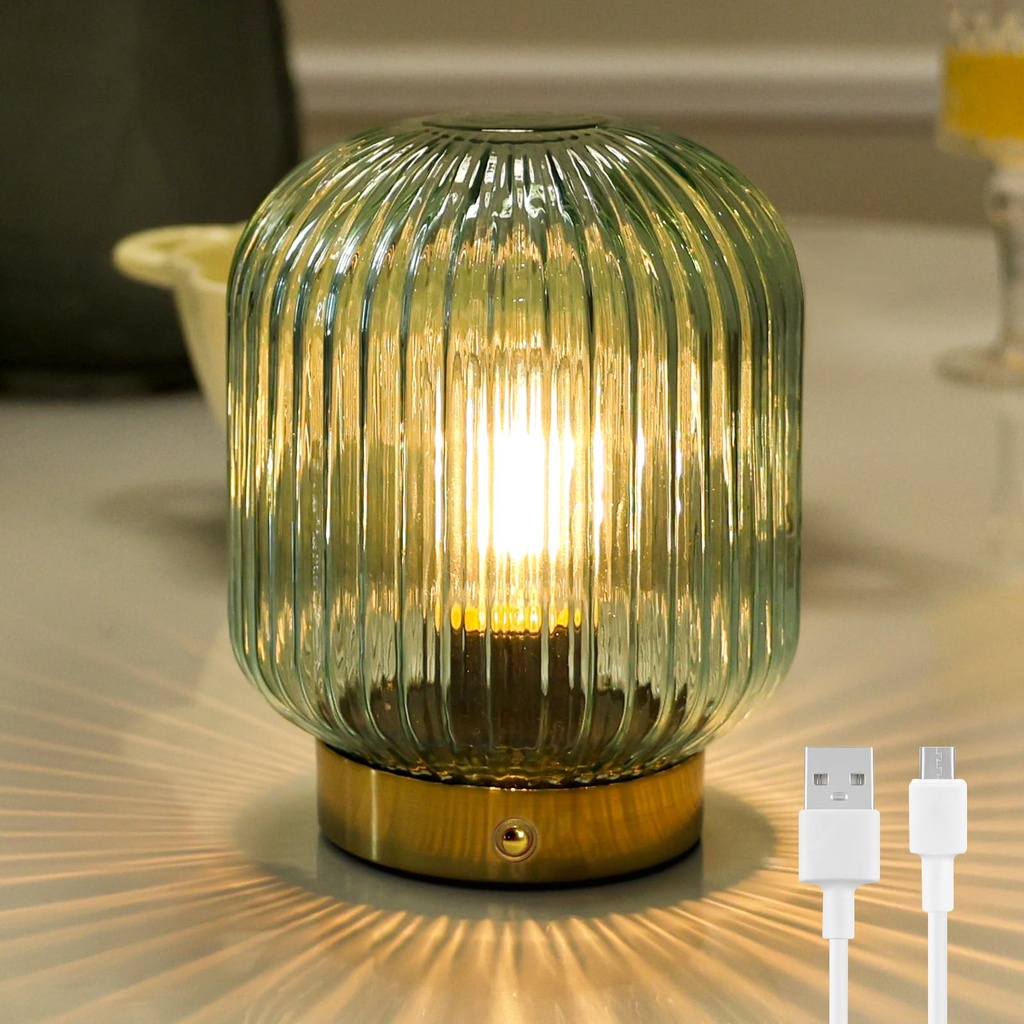 MJ PREMIER Rechargeable Table Lamp, Green Glass Lamps with Memory Function, Cordless LED La