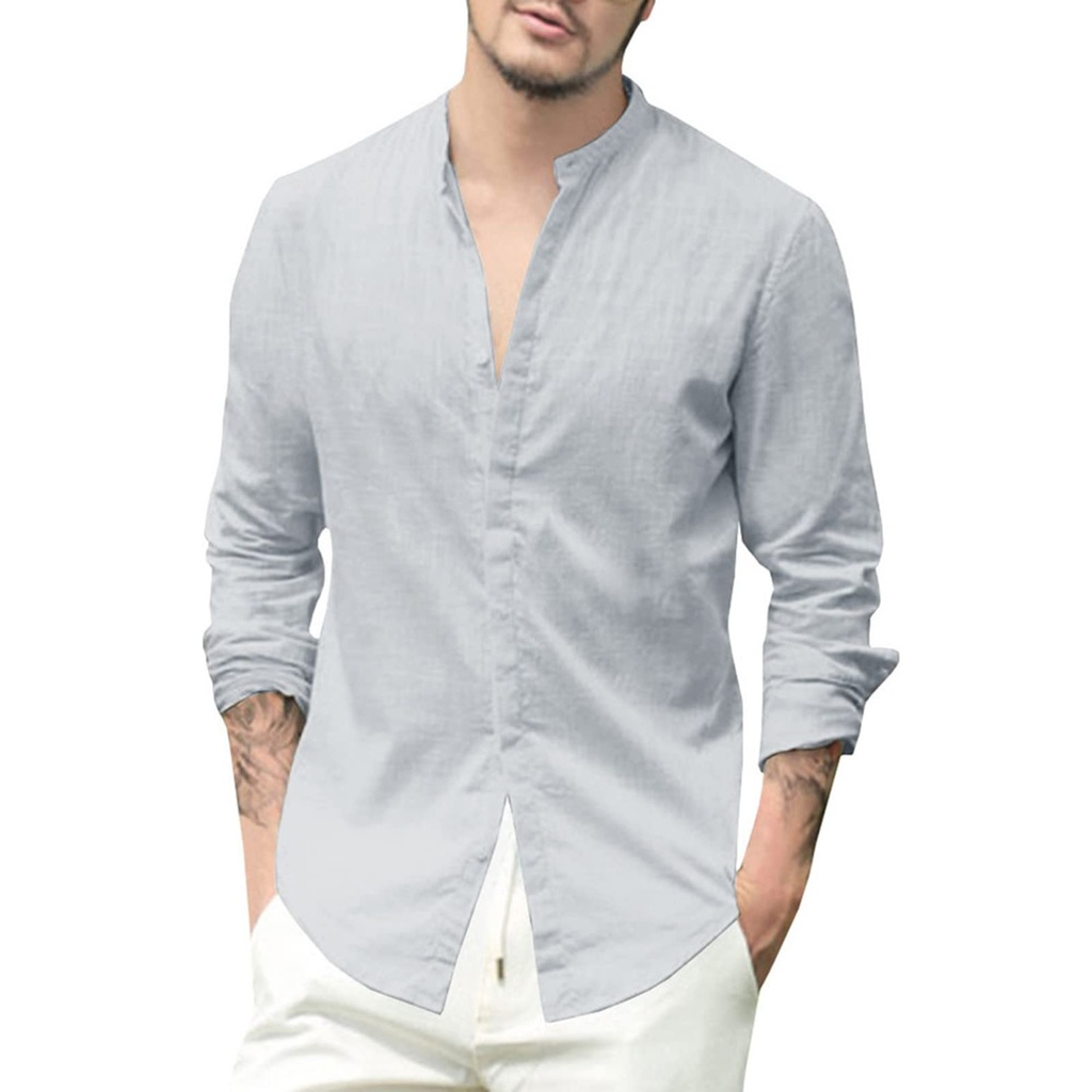 Rodawu Mens Linen Shirts Casual Button Down Henley Shirts Cotton Summer Beach Grandad Light