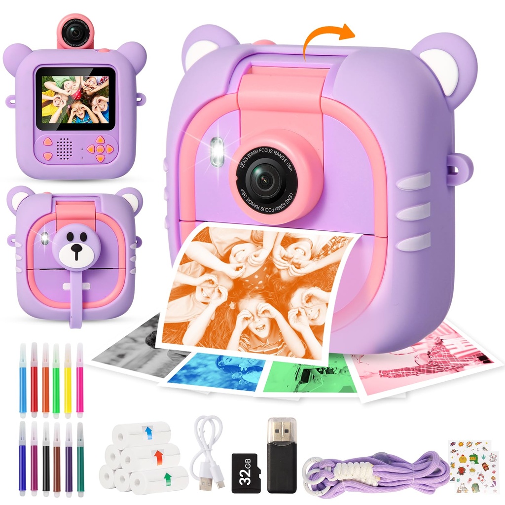 ARNSSIEN Kids Camera Instant Print, 7 Print Paper (4 Color: O/R/G/B+3 B&W), 2.4" Screen Ins