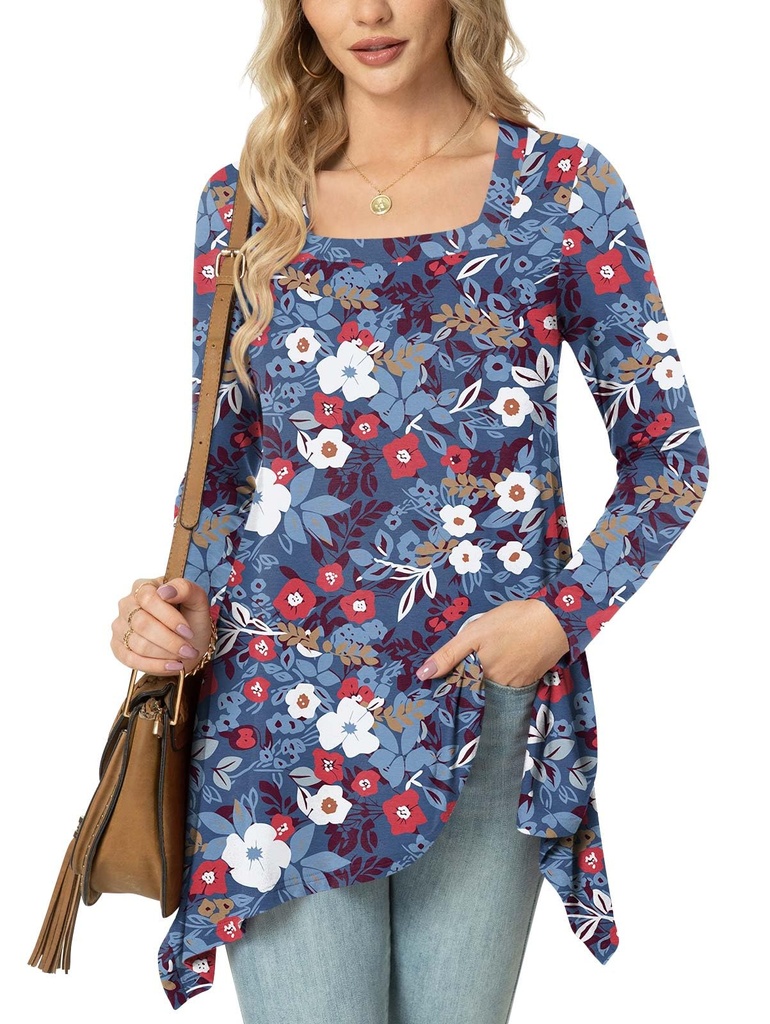 POPYOUNG Womens Casual Square Neck Tunic Tops Long Sleeve Ladies Longline Dress Floaty Long