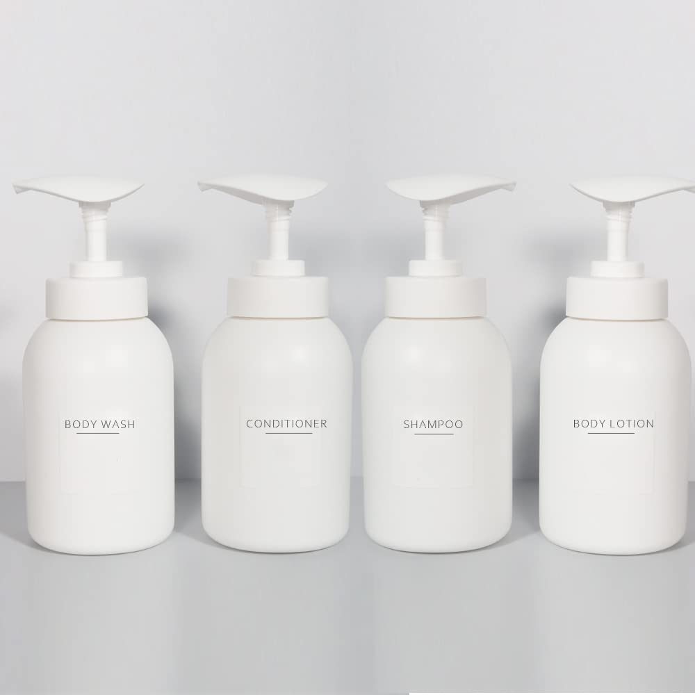 Ezebesta Set of 4 300ml Minimalist Soap Lotion Pump Dispensers with 22 Labels Bathroom Whit