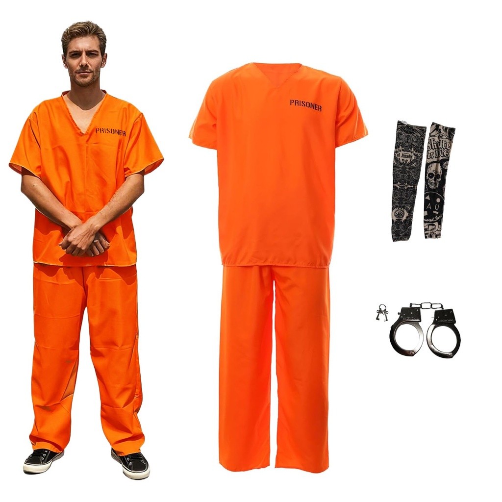 Fuxidaar Prisoners Costume Set Prisoner Orange Halloween Costume with Prop Handcuffs Hallow