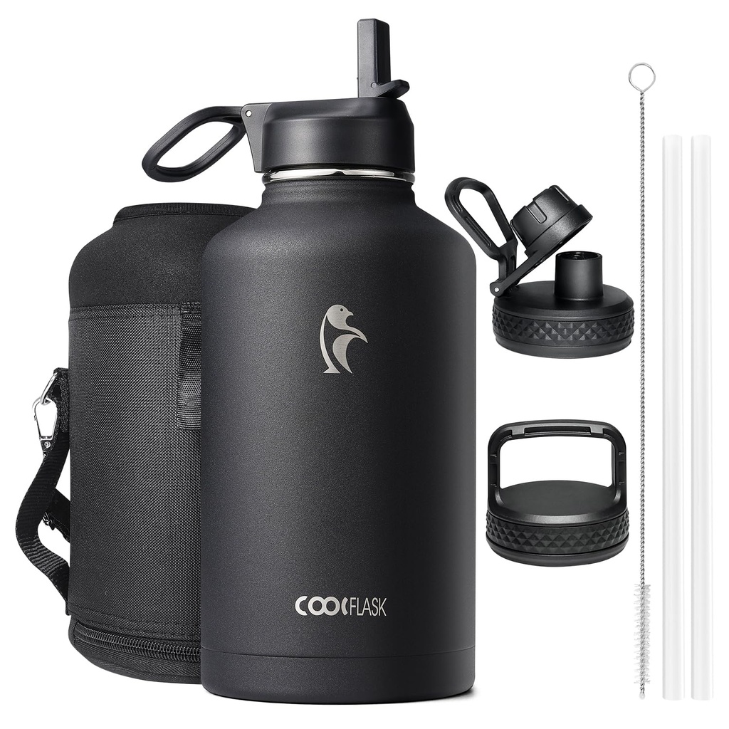 Coolflask Insulated Water Bottle 2L - 3 Lids with Straw & Spout & Handle, Leakproof Vacuum
