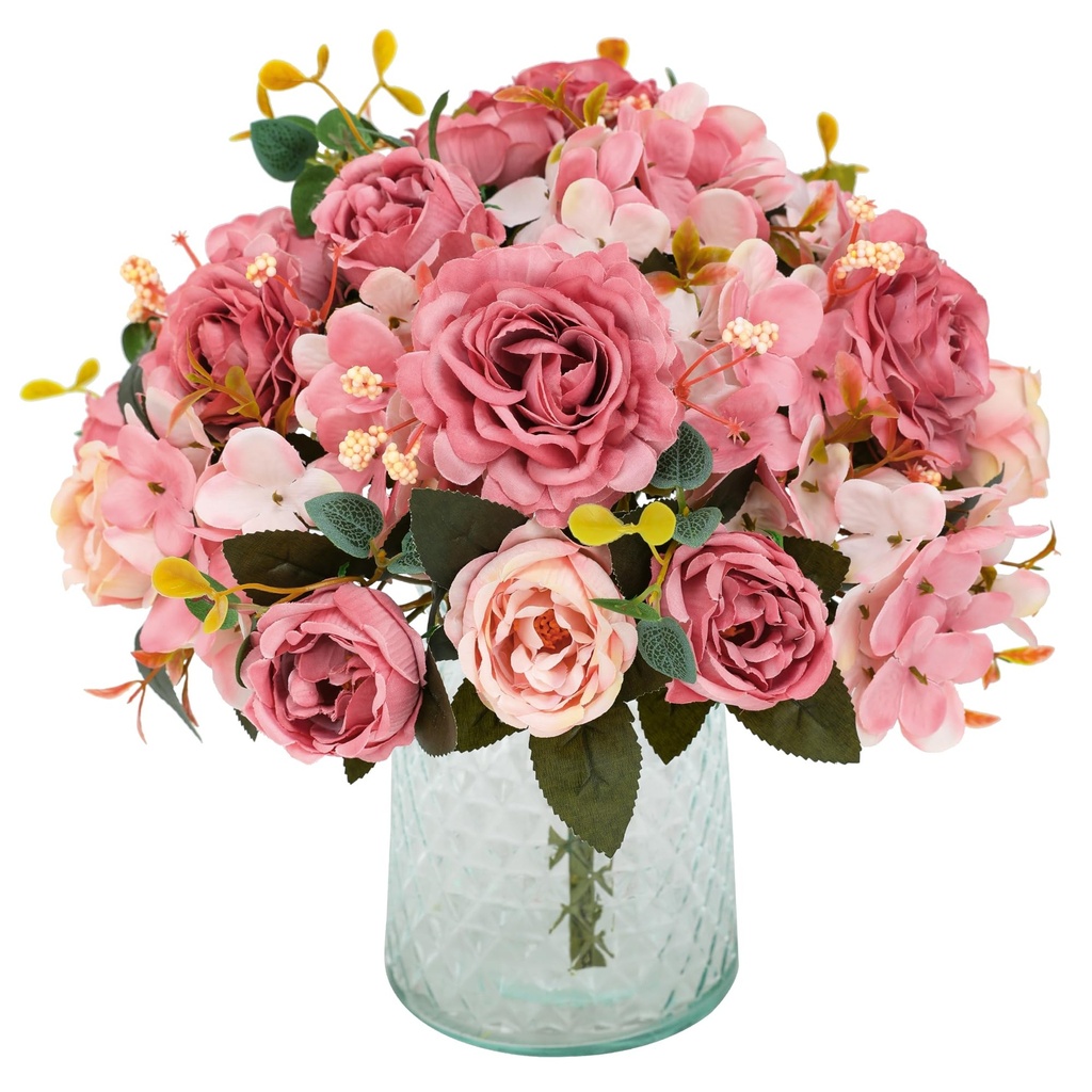 Floweroyal 4 Bunches Artificial Peony Flowers Fake Rose Flowers Silk Hydrangea Bouquet Vint