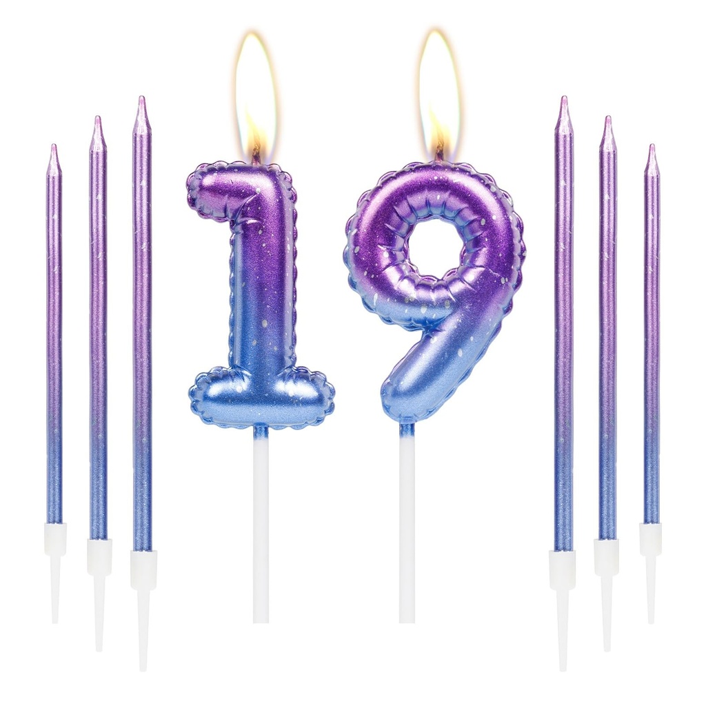 Colorful Birthday Candles Set, Number 19 Candes with 6Pcs Purple Blue Long Candles, Happy