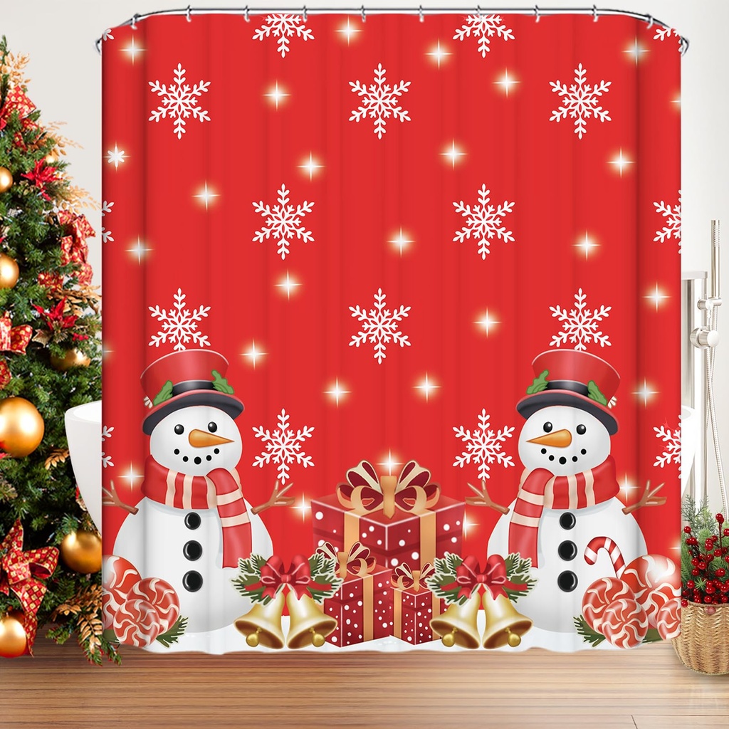 Famibay Christmas Shower Curtain 180x180cm Snowflake Snowman Red Bathroom Curtain with 12 H