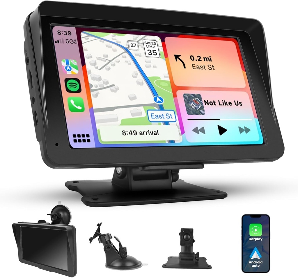 Podofo Wireless Carplay Screen, 7" Portable Car Stereo & Car Radio with Apple CarPlay, Android