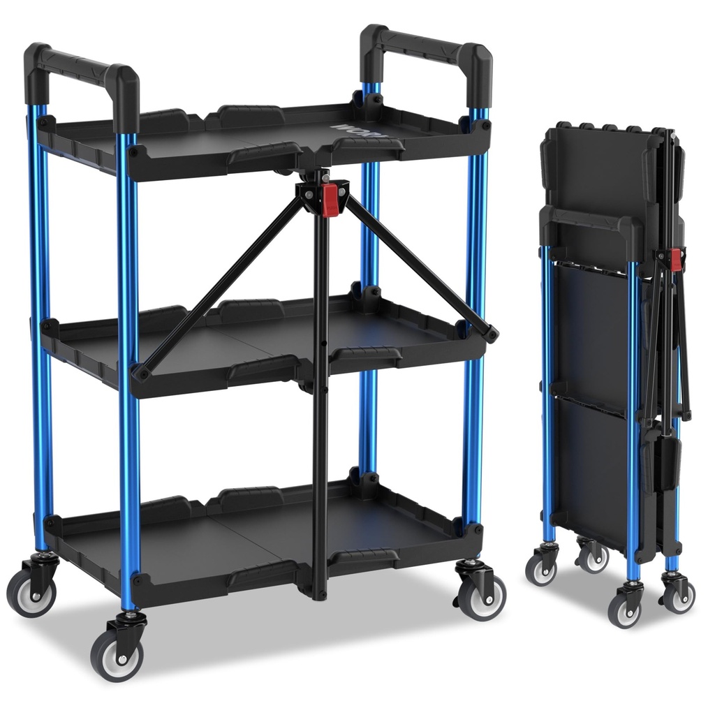 WORKPRO 3-Tier Collapsible Service Cart, 96 kg Folding Cart with Wheels, Portable Tool Trol