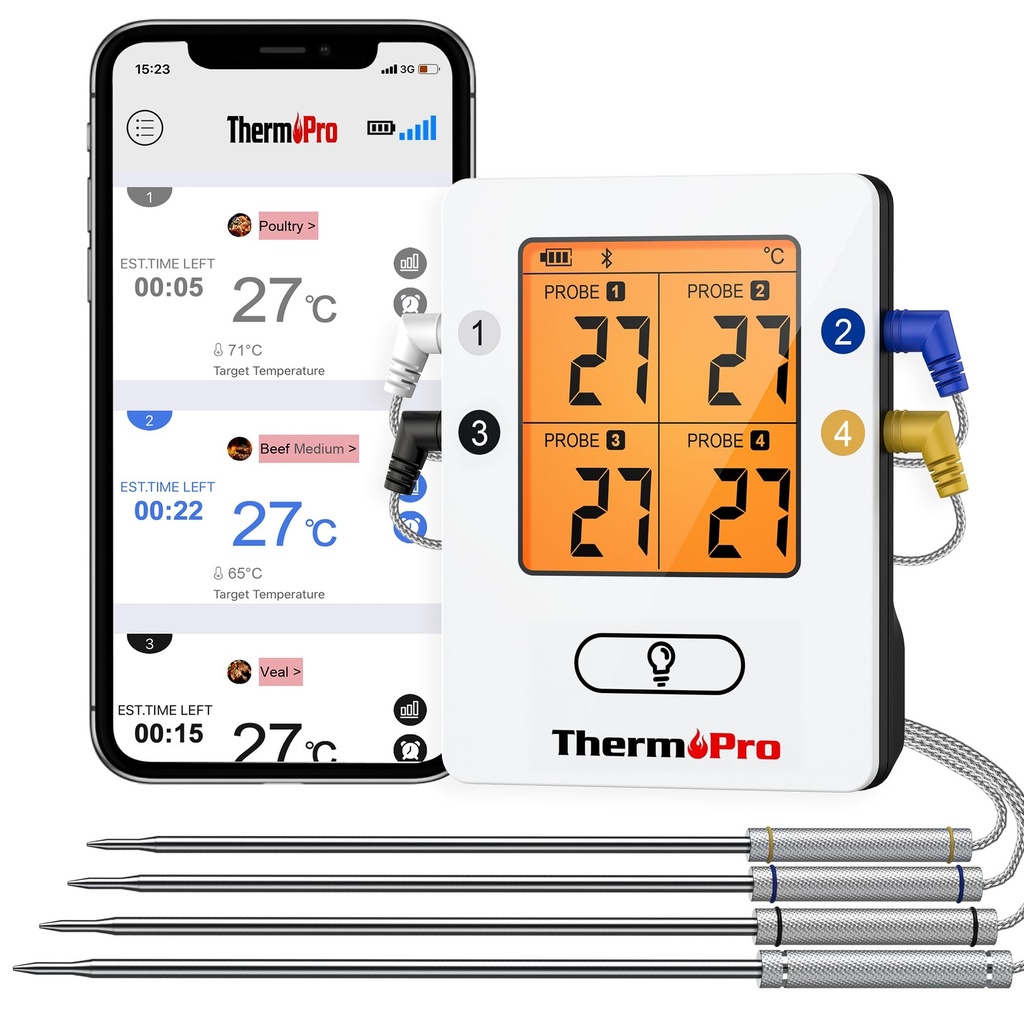 ThermoPro TP25 Bluetooth Meat Thermometer with 4 Temperature Probes Smart Wireless Digital