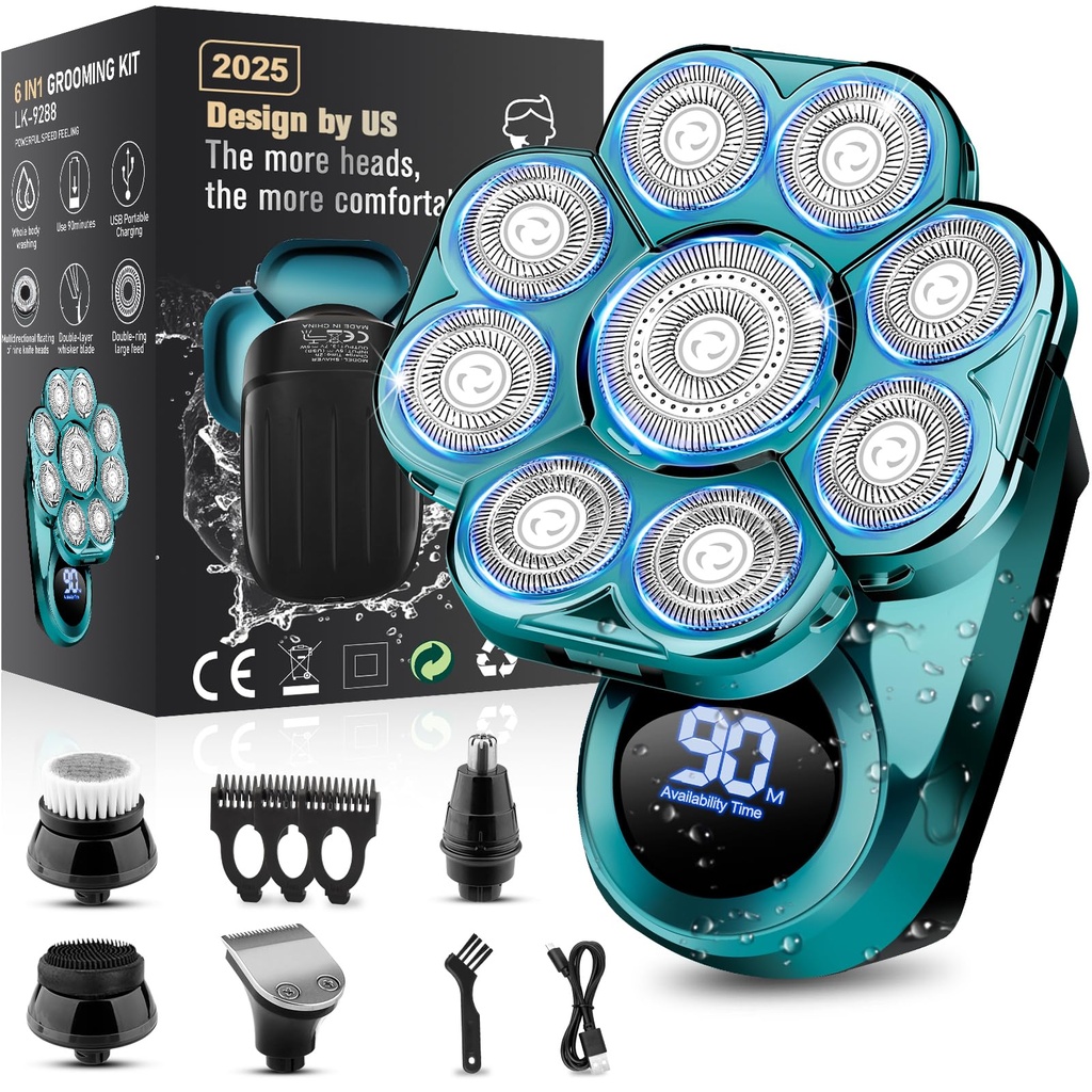 9D Electric Head Shaver - Bald Men's 6-in-1 Wet/Dry Grooming Kit, Cordless Rechargeable Tra