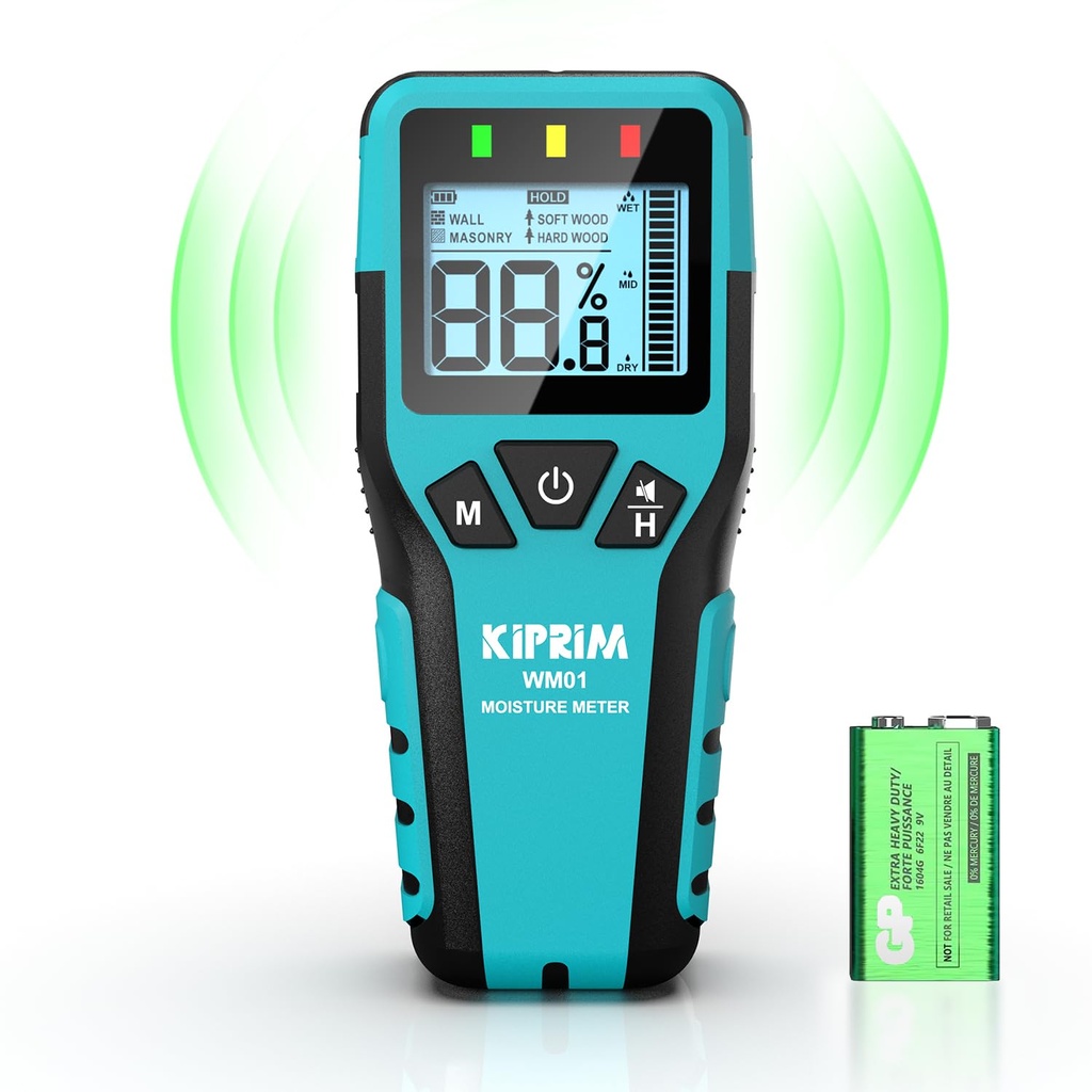 Kiprim Pinless Damp Meter Moisture Meter for Wood, Walls, Masonry Ã¢Â€Â“ Accurate Non-Destr