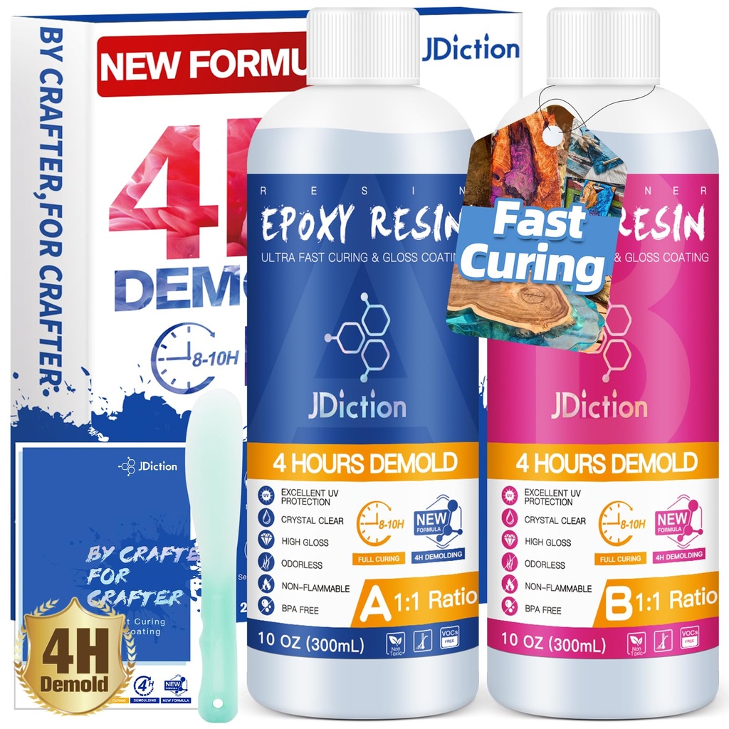 JDiction Fast Curing Epoxy Resin, 20OZ/600ML 4H Demold Epoxy Resin Kit -Crystal Clear, Bubb