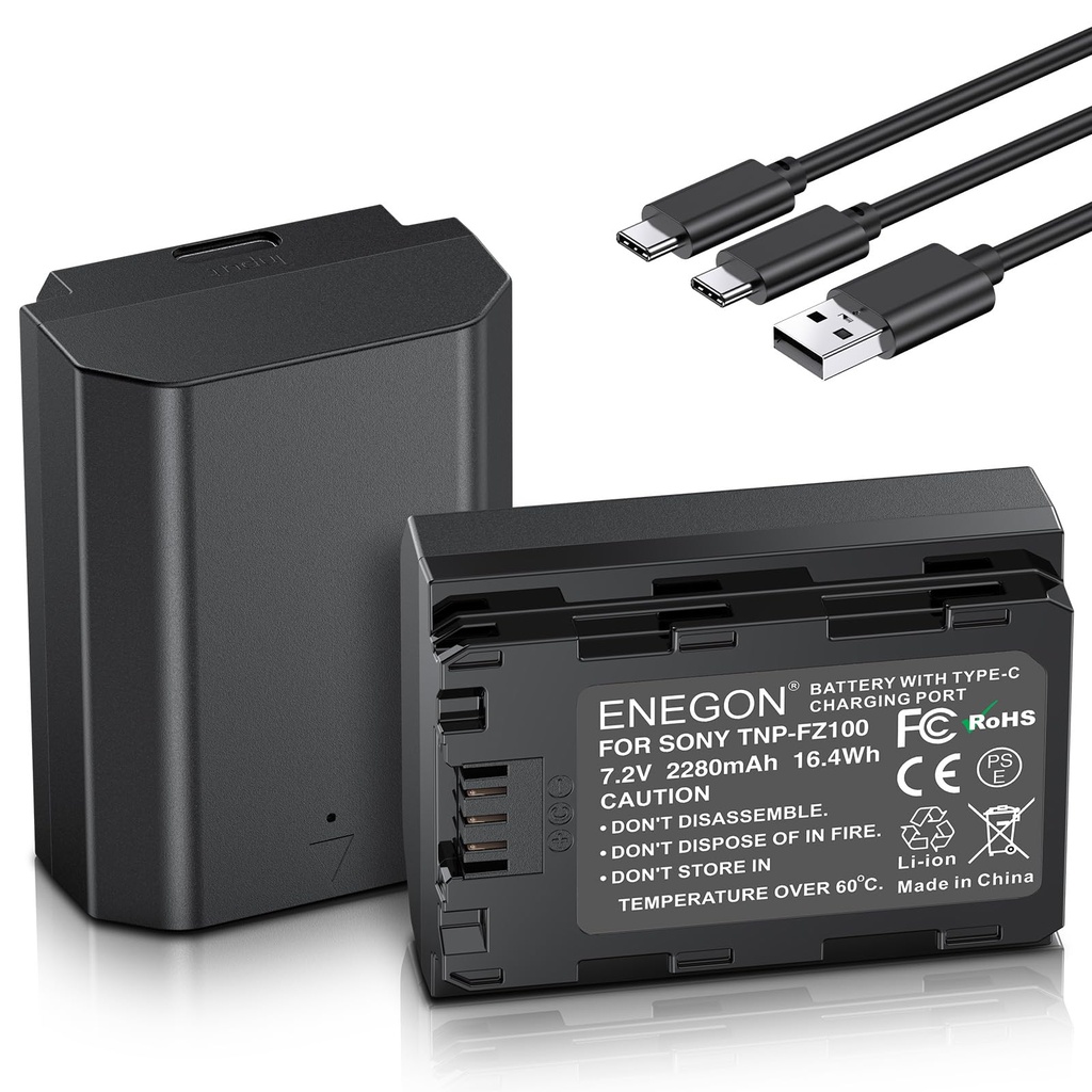 ENEGON NP-FZ100 Type C Charging Port Battery 2280mAh for Sony A7iii, A7iv, A7C, A7C ii, A67