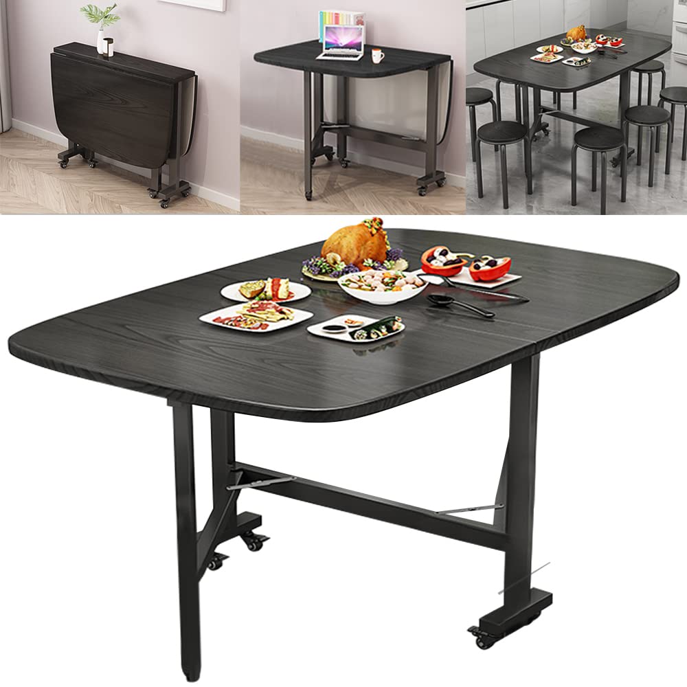Rukulin Multifunction Table Drop Leaf Dining Table - 120cm Solid Wooden Foldable Kitchen