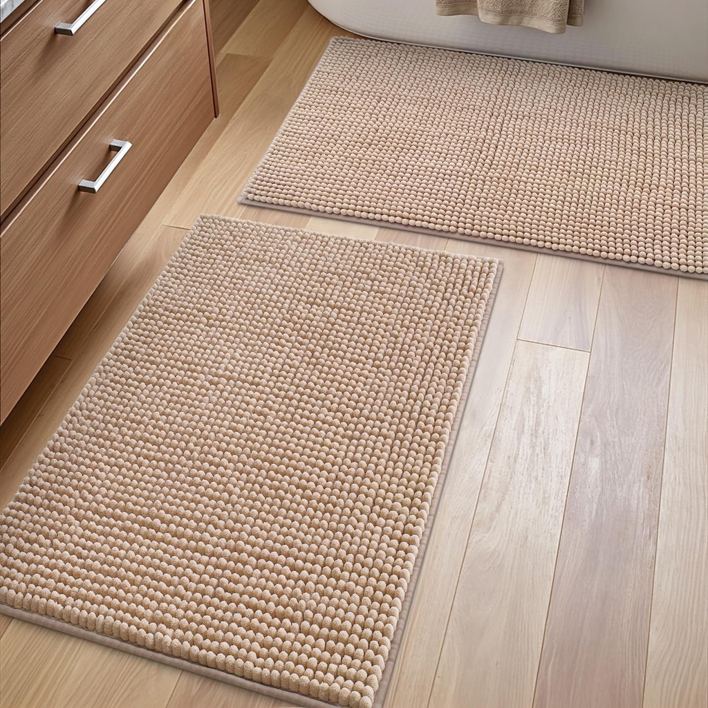 DEXI 2 Piece Chenille Bath Mat Set, Non Slip Bathroom Mats, Ultra Soft Absorbent Machine Washable