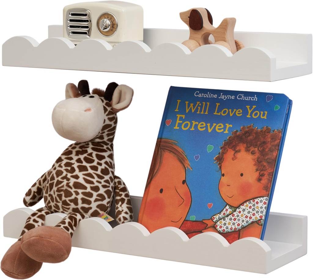 Gieanoo Floating Bookshelf, Scalloped Nursery Book Shelf set of 2 Solid Pine Wood Toddler R