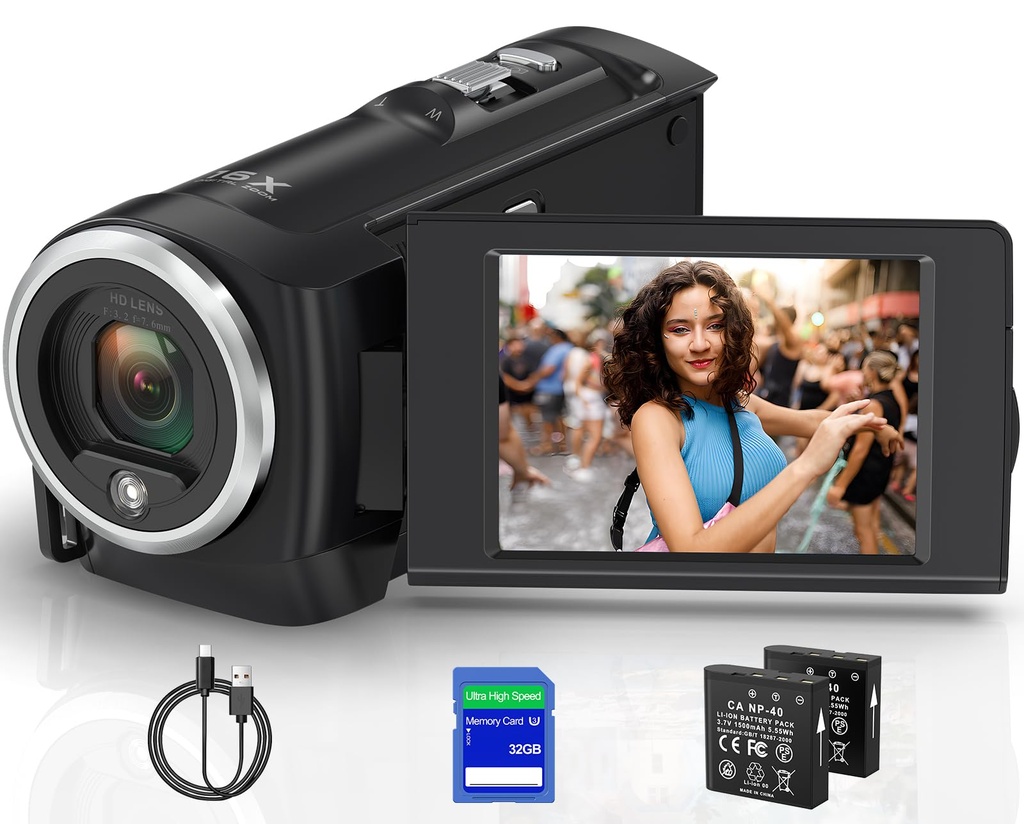 Delmodes Camcorder Video Camera 2.7K 56MP 16X Digital Zoom Vlogging Camera with LED