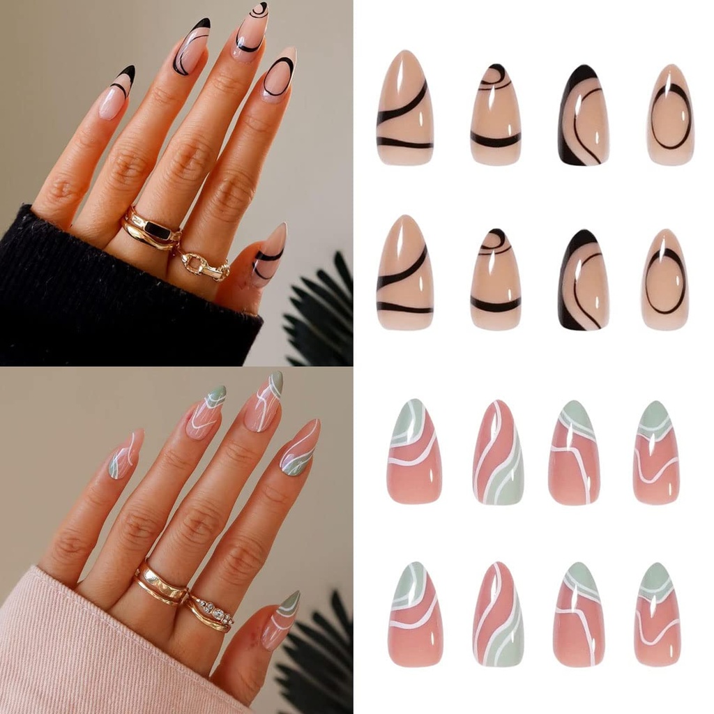Job Lot of 100 x French Tip Press on Nails Short Almond Shape - 48Pcs Black Wavy Lines Design, with Nail File