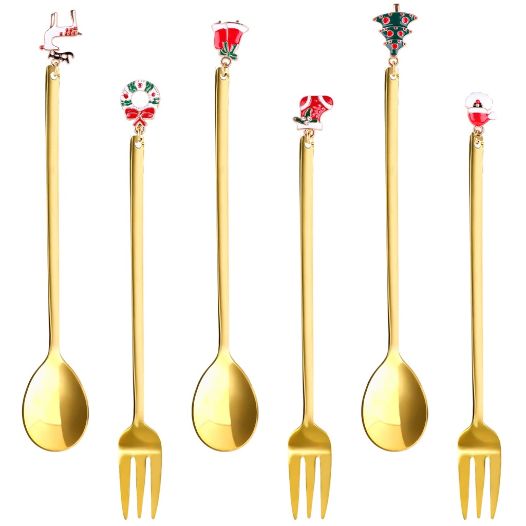Christmas Tableware, 6 Pcs Christmas Cutlery, Stainless Steel Xtmas Spoons and Forks, Xtmas