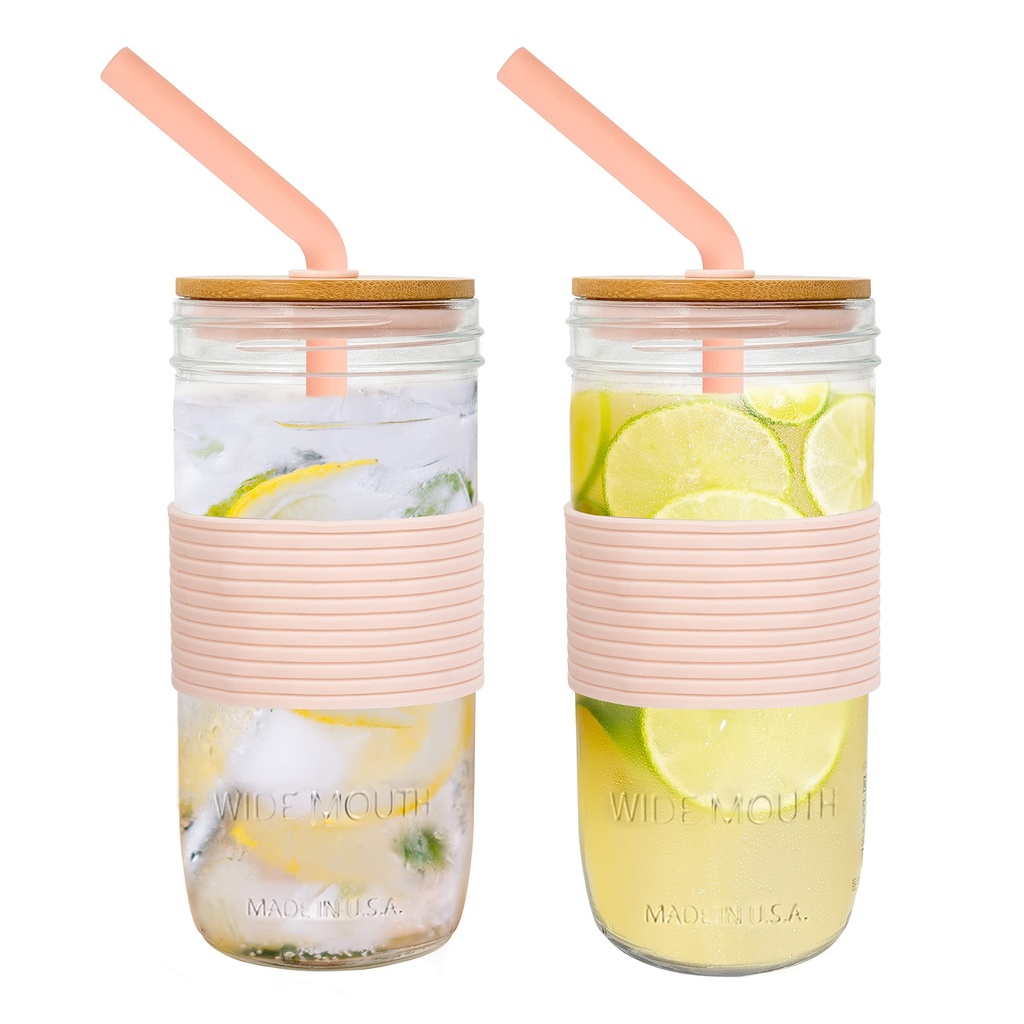 ANOTION Wide Mouth Mason Jar Drinking Glasses Tumbler, 24oz/682ml, with Lid and Straw, 2 Pa